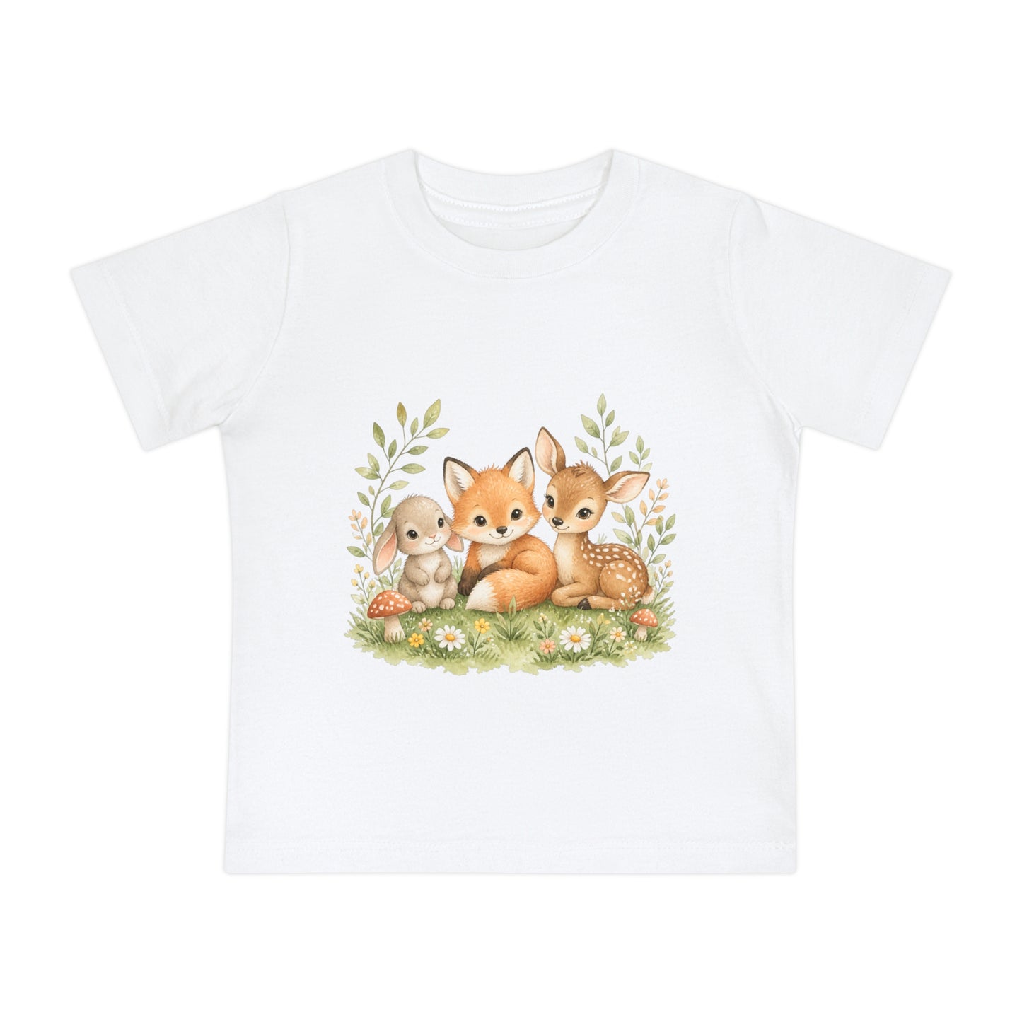 Woodland Baby Animals Baby Short Sleeve T-Shirt | Fox Rabbit Deer, Moon Bear Back