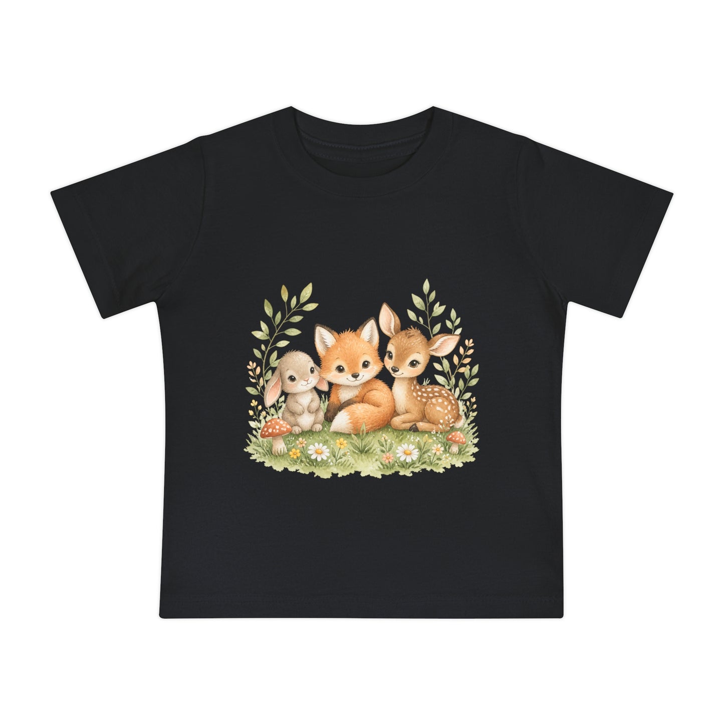Woodland Baby Animals Baby Short Sleeve T-Shirt | Fox Rabbit Deer, Moon Bear Back