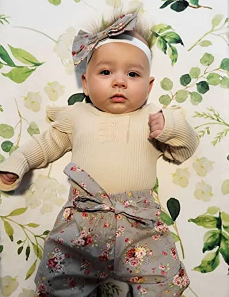 Baby Girl Outfit Print Pattern Ruffled Bodysuit Top Floral Pants with Headband 3Pcs Set