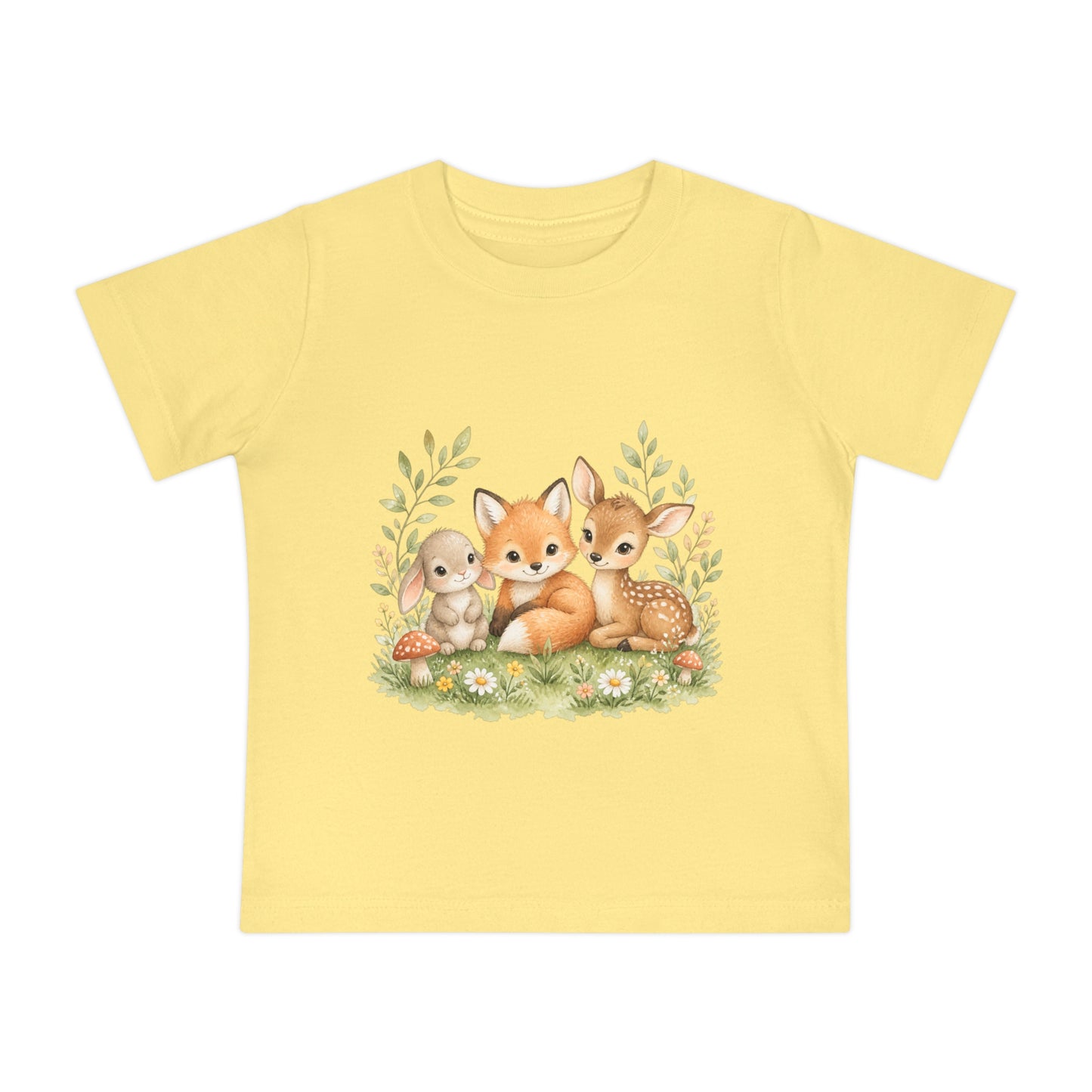 Woodland Baby Animals Baby Short Sleeve T-Shirt | Fox Rabbit Deer, Moon Bear Back