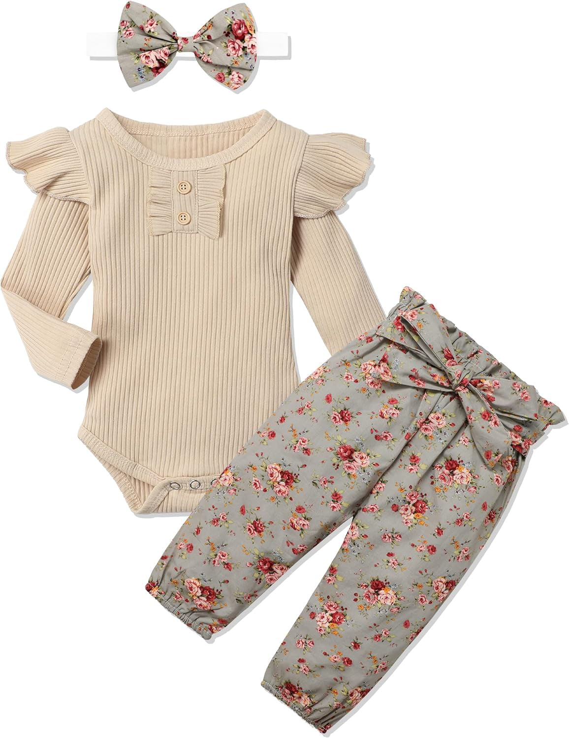 Baby Girl Outfit Print Pattern Ruffled Bodysuit Top Floral Pants with Headband 3Pcs Set