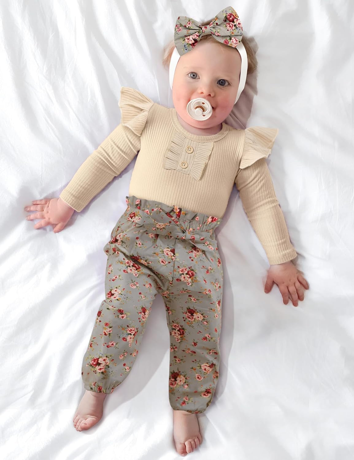 Baby Girl Outfit Print Pattern Ruffled Bodysuit Top Floral Pants with Headband 3Pcs Set