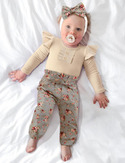 Baby Girl Outfit Print Pattern Ruffled Bodysuit Top Floral Pants with Headband 3Pcs Set
