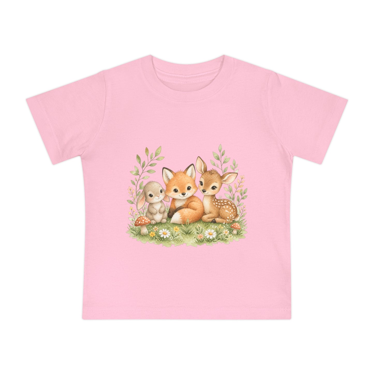 Woodland Baby Animals Baby Short Sleeve T-Shirt | Fox Rabbit Deer, Moon Bear Back