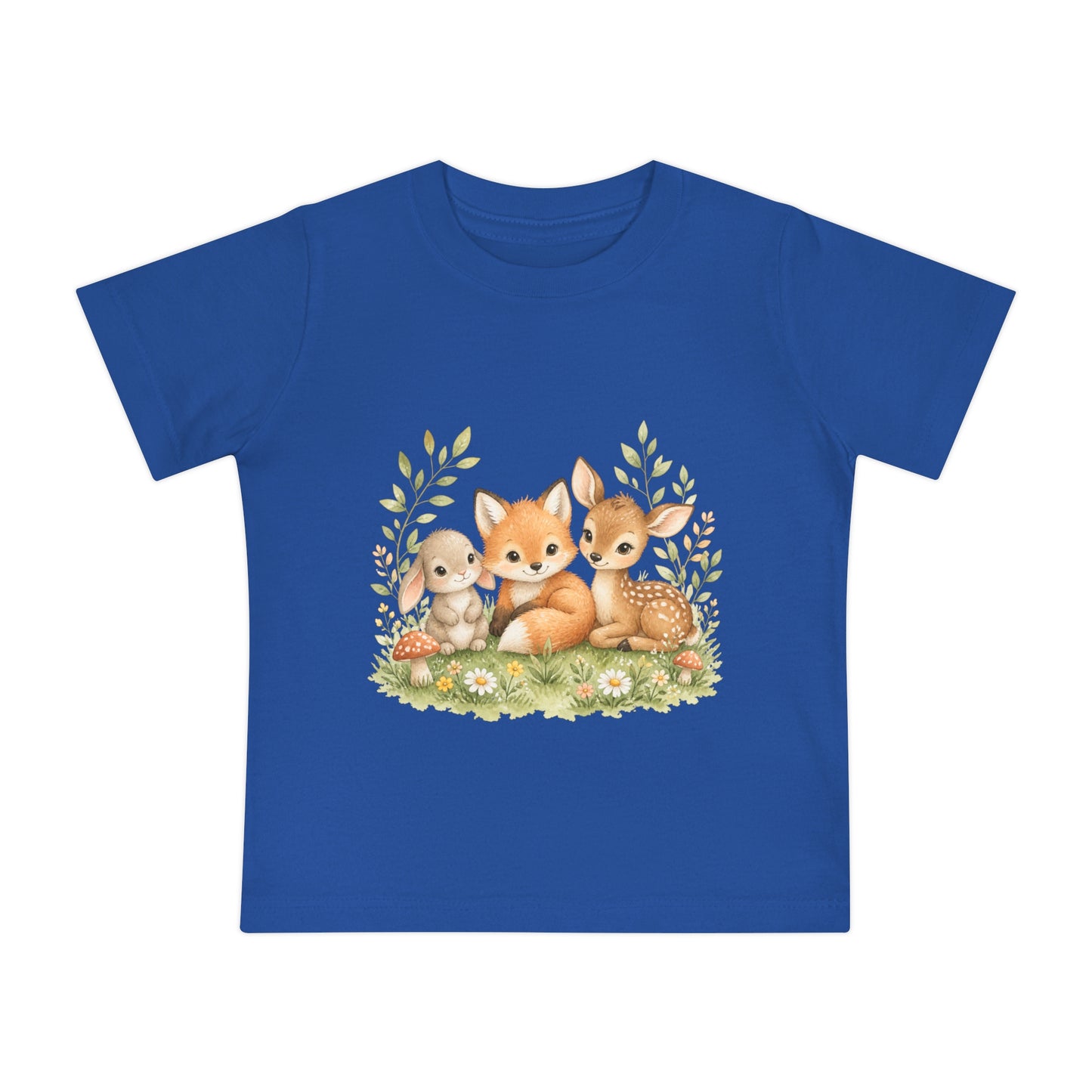 Woodland Baby Animals Baby Short Sleeve T-Shirt | Fox Rabbit Deer, Moon Bear Back