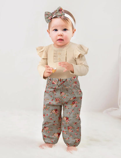 Baby Girl Outfit Print Pattern Ruffled Bodysuit Top Floral Pants with Headband 3Pcs Set