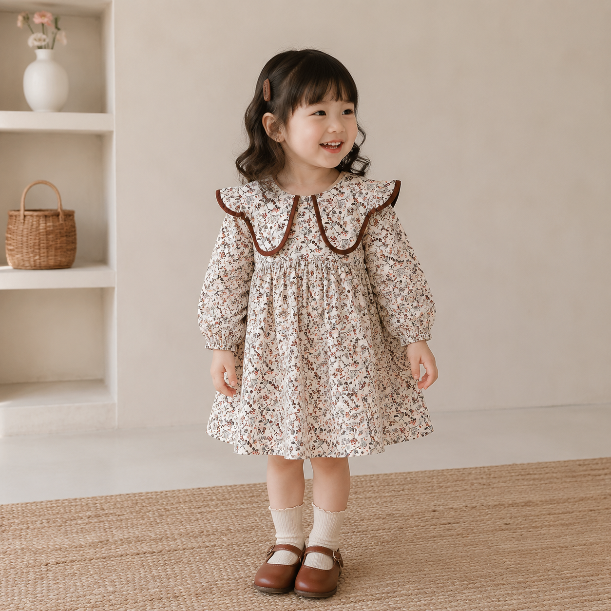 Blossom Belle – Long Sleeve Floral Princess Dress with Doll Collar for Girls