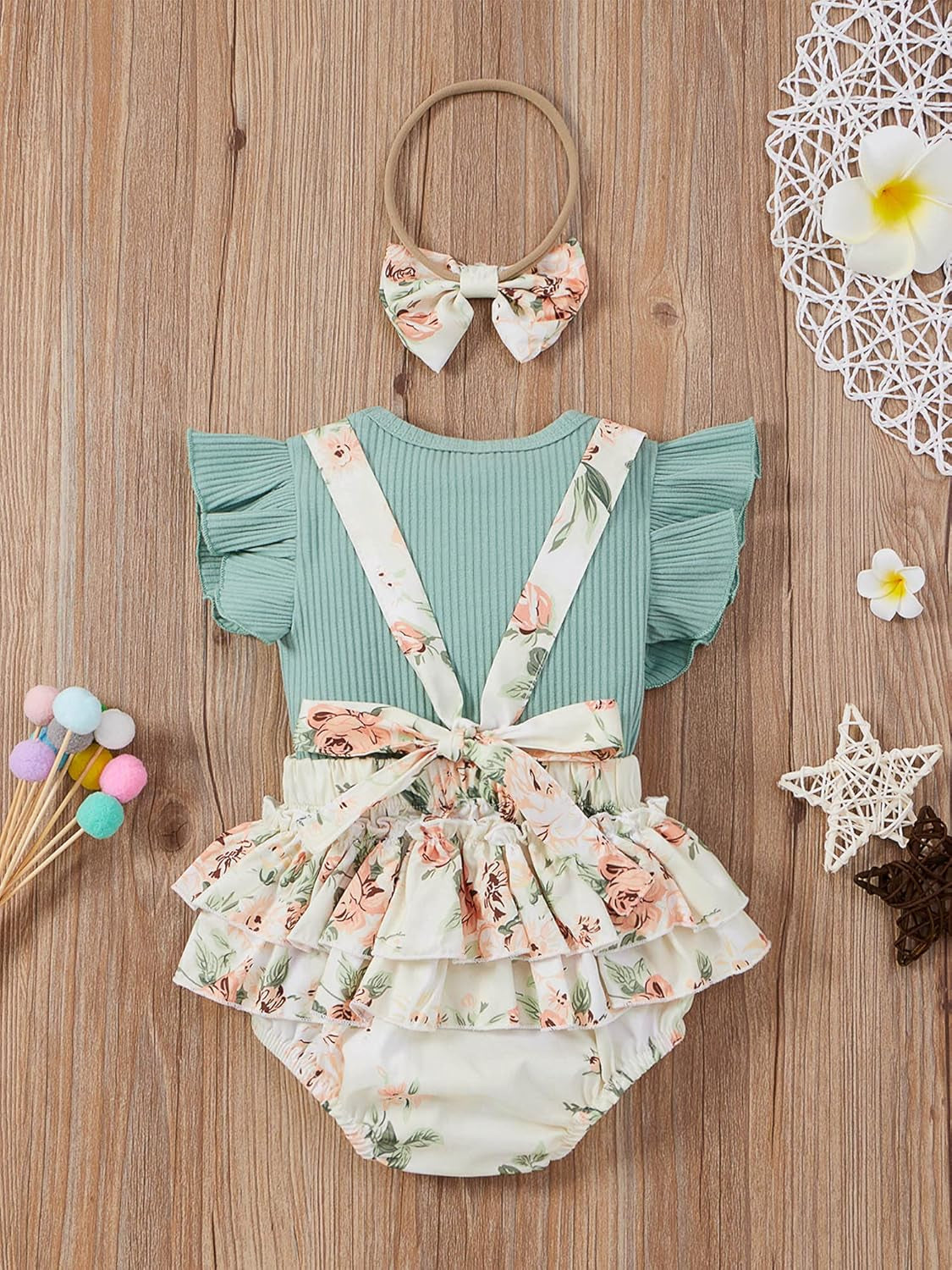 Newborn Baby Girl Clothes Romper Ruffle Short Sleeve Ribbed Tops Summer Infant Outfits Set