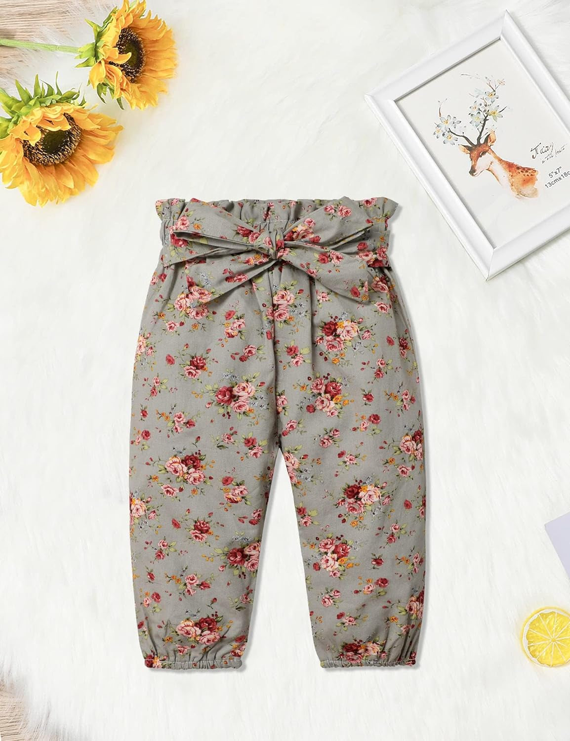 Baby Girl Outfit Print Pattern Ruffled Bodysuit Top Floral Pants with Headband 3Pcs Set